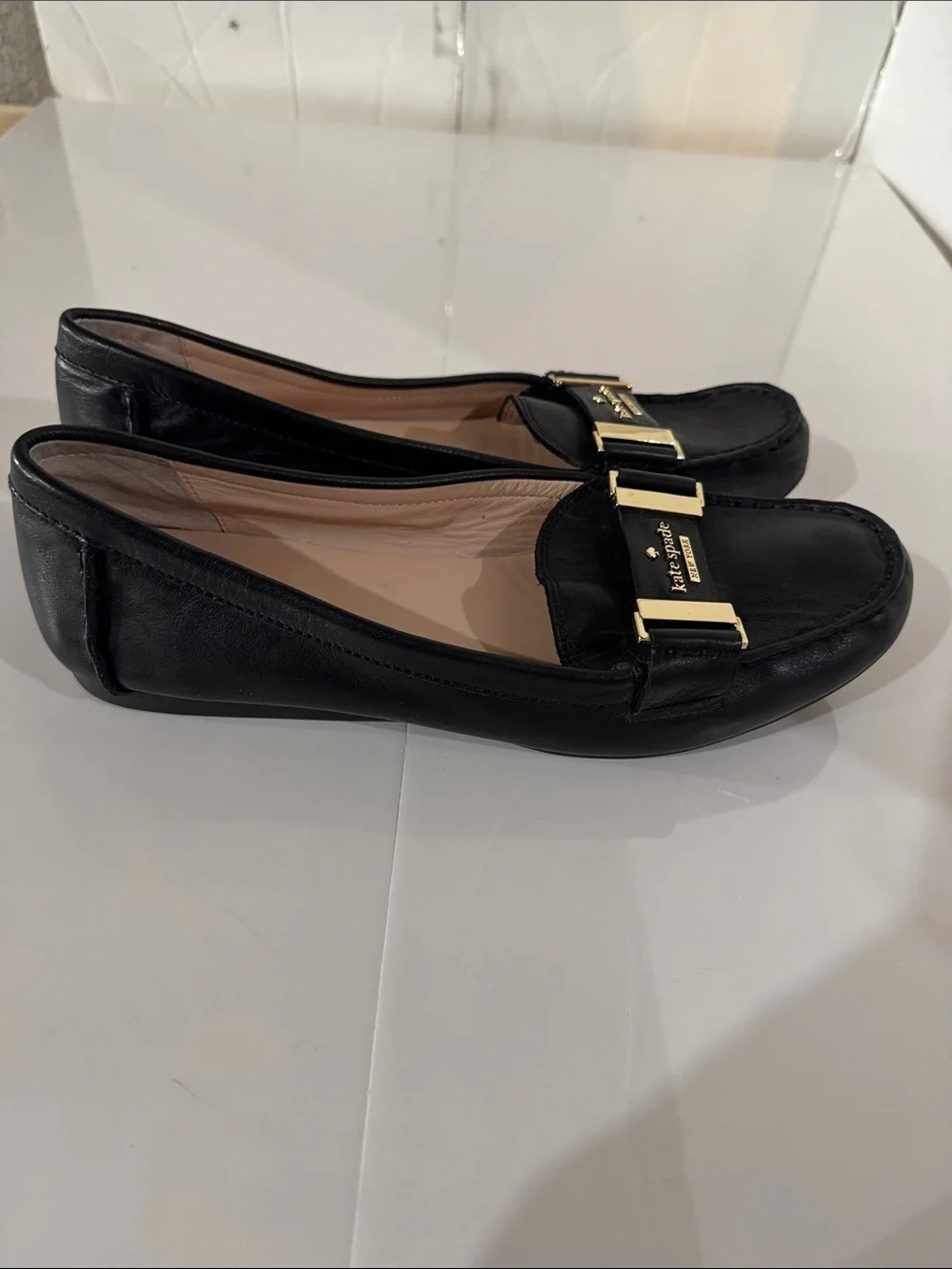 kate spade Black Leather Loafers with Gold Buckle Accents